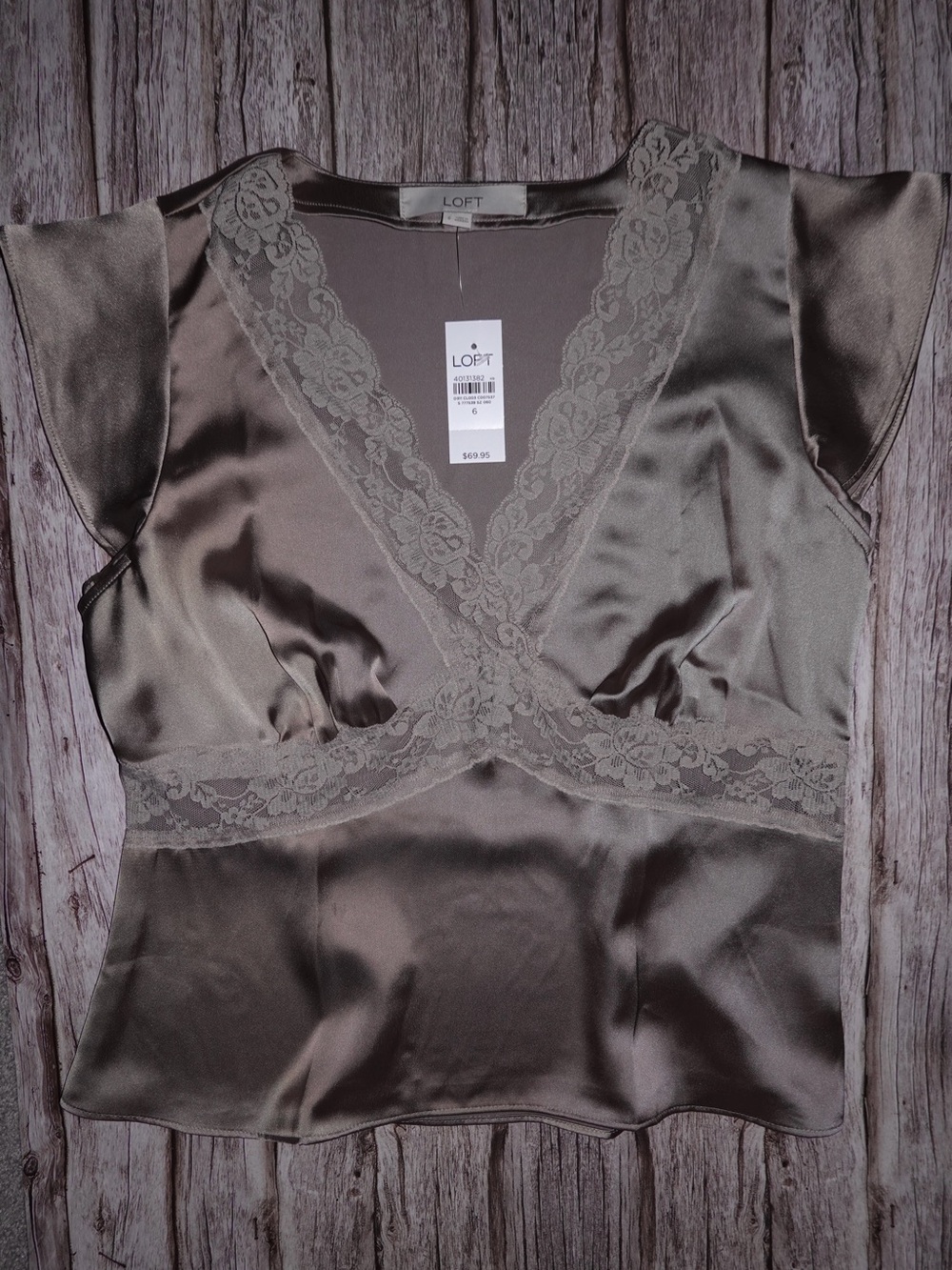 LOFT Satin Lace-Trim V-Neck Top — Taupe - Picture 3 of 5